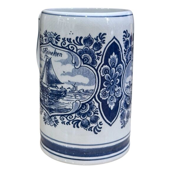 Vtg. Delft Cobalt Blue & White Heineken Beer Stein – Windmill & Sailboat Scene - Picture 3 of 12